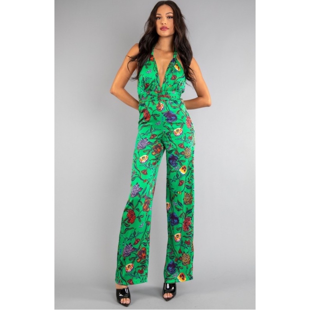 Rosevelvet Green Floral Halter Wide Leg Jumpsuit Small NWT Tropical Summer